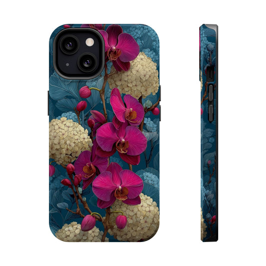 Phone case with pink orchid design on a blue background