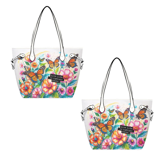 Vibrant Butterfly & Floral Tote Bag - PU Leather Carryall - LucyKay store