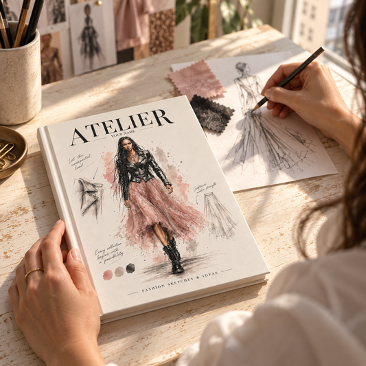A person at a wooden desk holds a pencil over a fashion sketchbook and a hardcover book titled ATELIER. The scene includes swatches, a cup of pens, and a warm, sunlit studio environment.