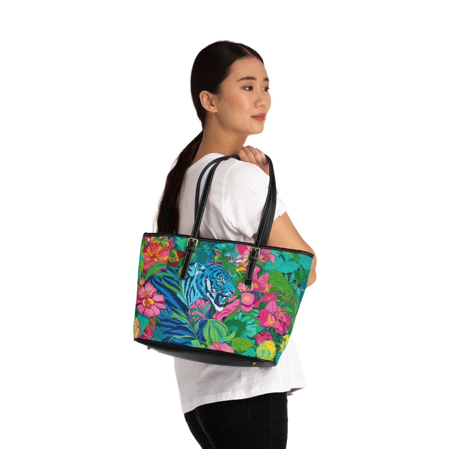 PU Leather Shoulder Bag - Blue Tiger in Jungle Illustration - LucyKay store