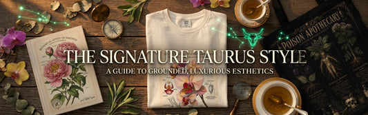 Vintage botanical style flat lay for Taurus — floral tee, tote bag and journal on earthy background