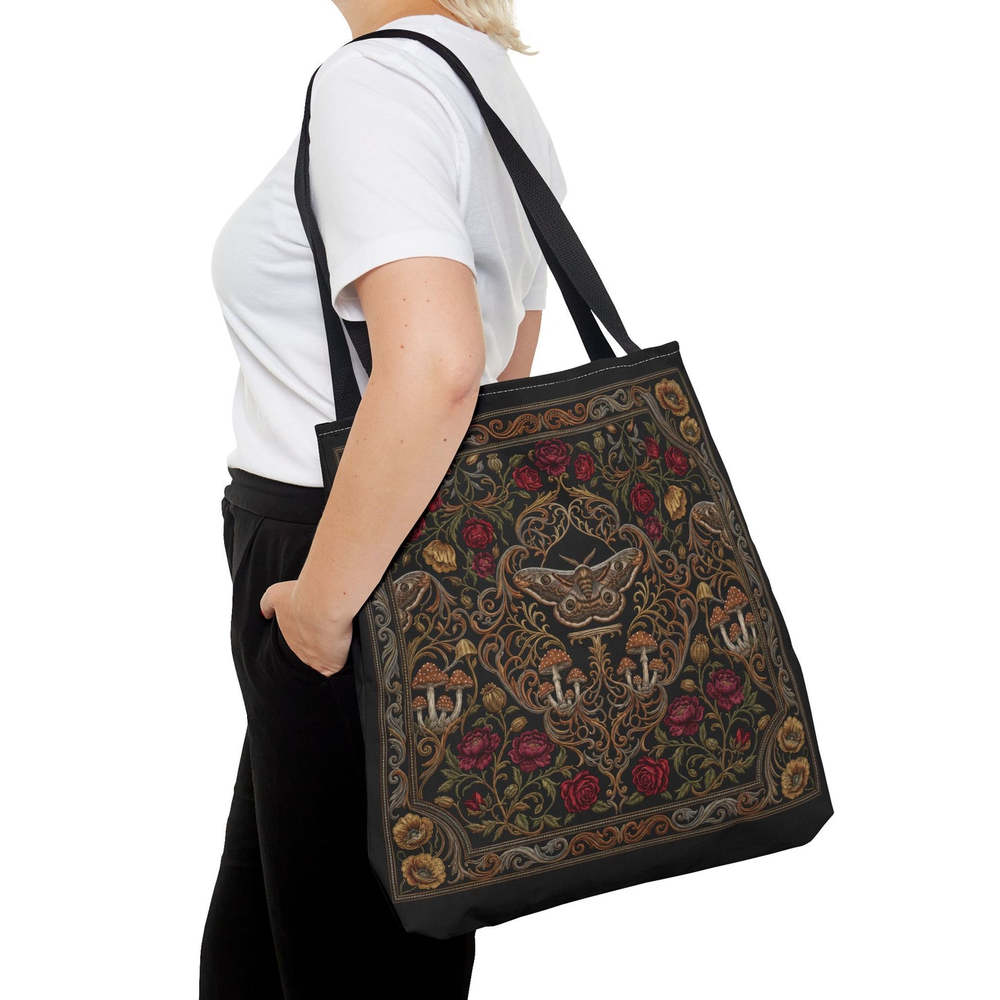 Gothic Rose Tote Bag – Vintage Floral Filigree Print | Black