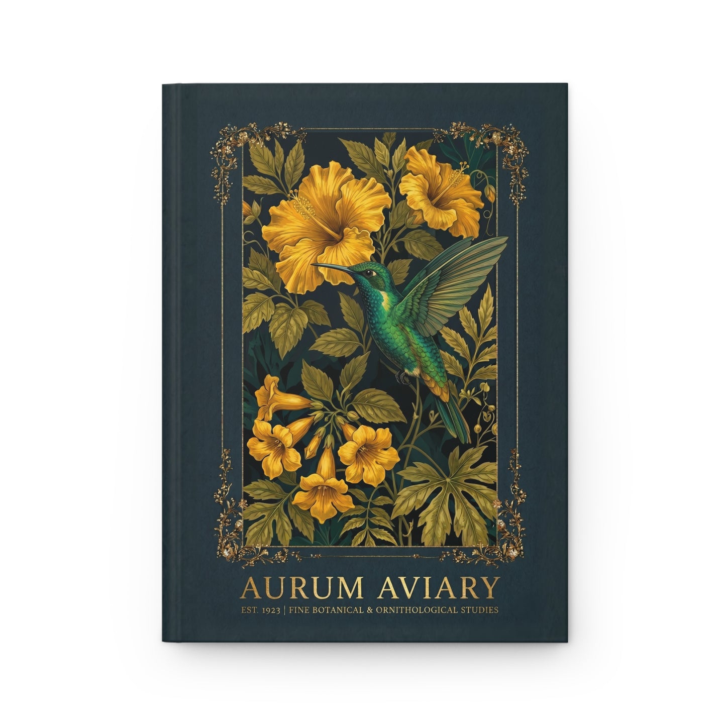 Book cover with a hummingbird and yellow flowers on a dark green background, featuring the brand 'Aurum Aviary'.