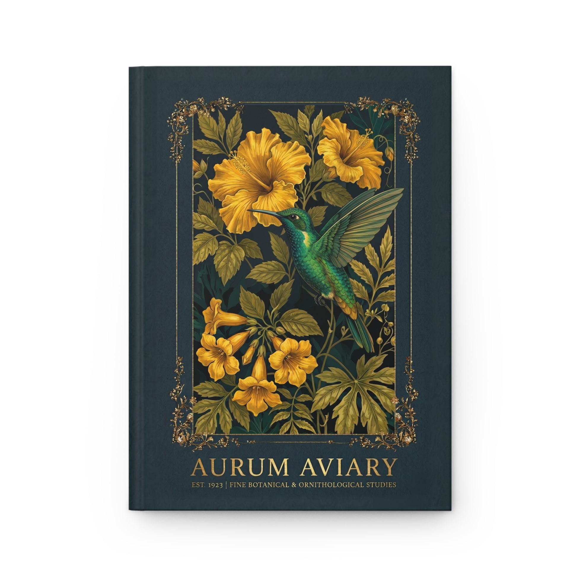 Book cover with a hummingbird and yellow flowers on a dark green background, featuring the brand 'Aurum Aviary'.