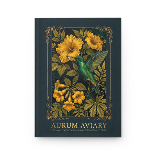 Book cover with a hummingbird and yellow flowers on a dark green background, featuring the brand 'Aurum Aviary'.