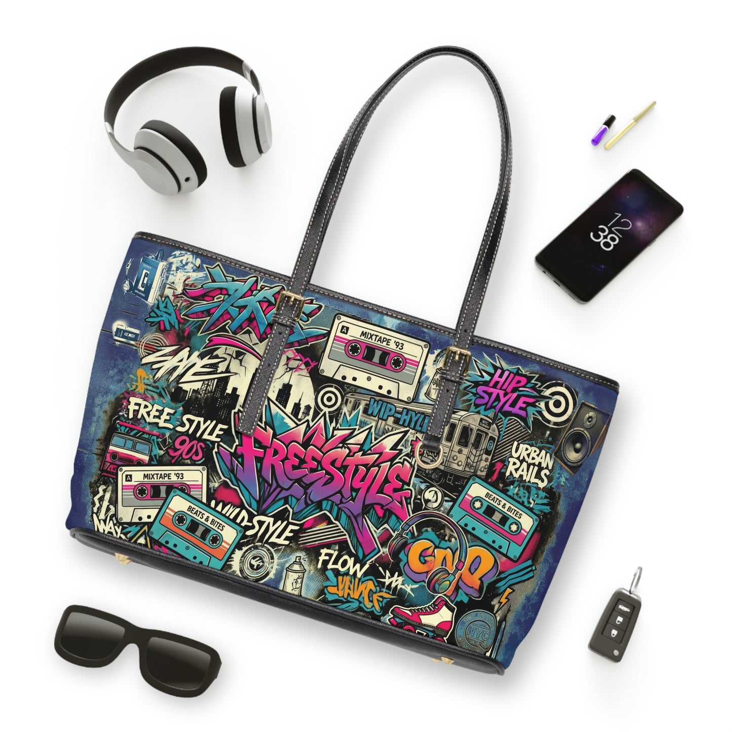 Retro Cassette Shoulder Bag – 90s Graffiti Vegan Leather - LucyKay store