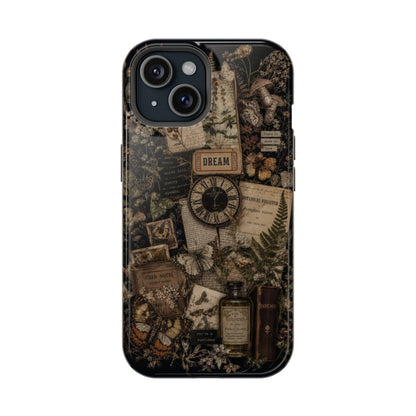 Vintage-style phone case with clock, books, and nature elements on a white background