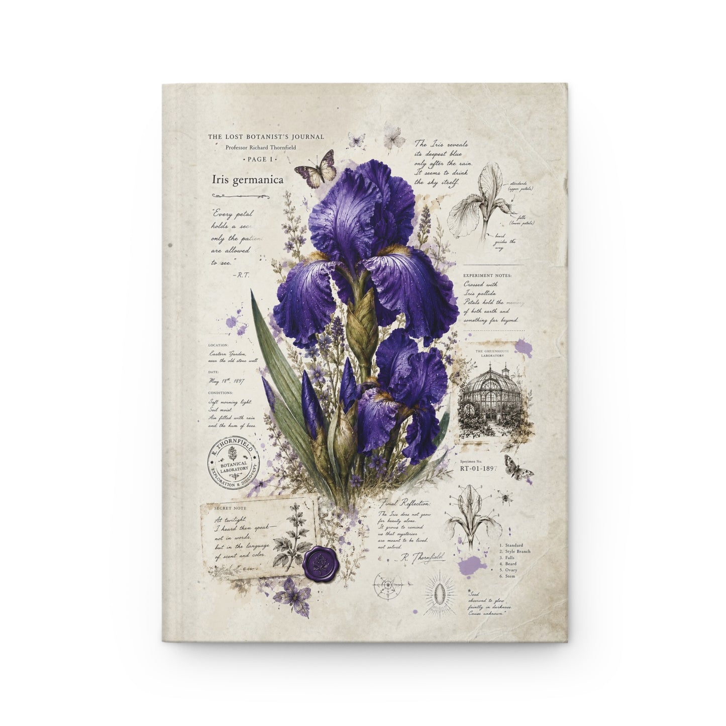 A vintage-style botanical art print featuring a large purple iris flower on an aged beige paper background with handwritten notes and small illustrations.
