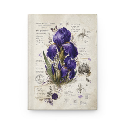 A vintage-style botanical art print featuring a large purple iris flower on an aged beige paper background with handwritten notes and small illustrations.
