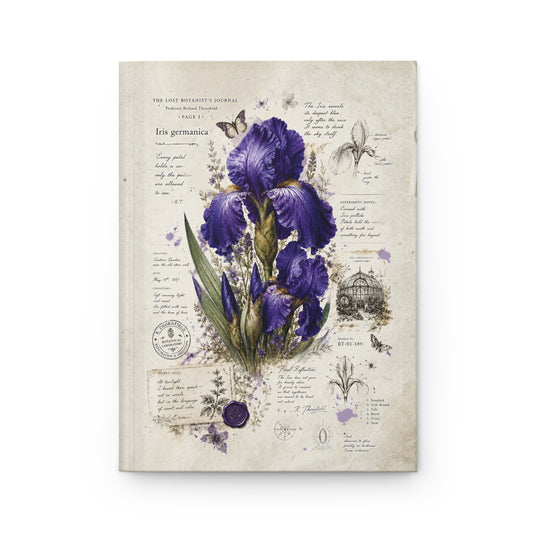 A vintage-style botanical art print featuring a large purple iris flower on an aged beige paper background with handwritten notes and small illustrations.