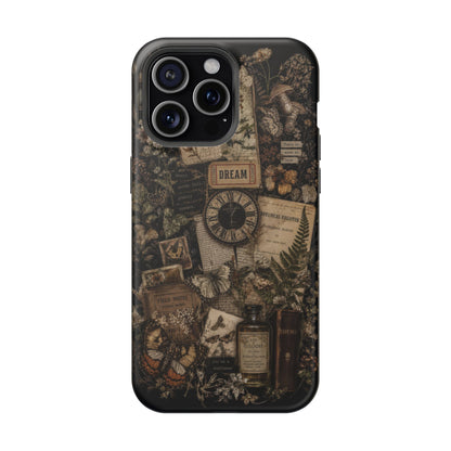 Phone case with vintage design featuring a clock, books, and nature elements on a white background