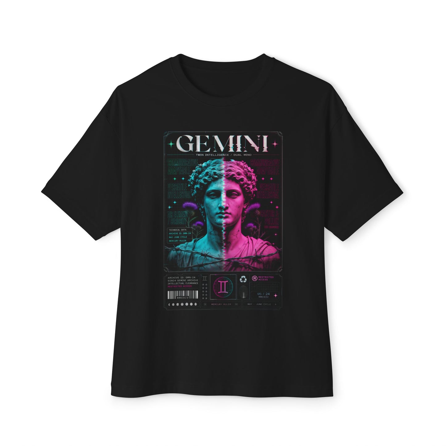 Vintage Neon Zodiac Tee — Gemini Statue Graphic T-Shirt