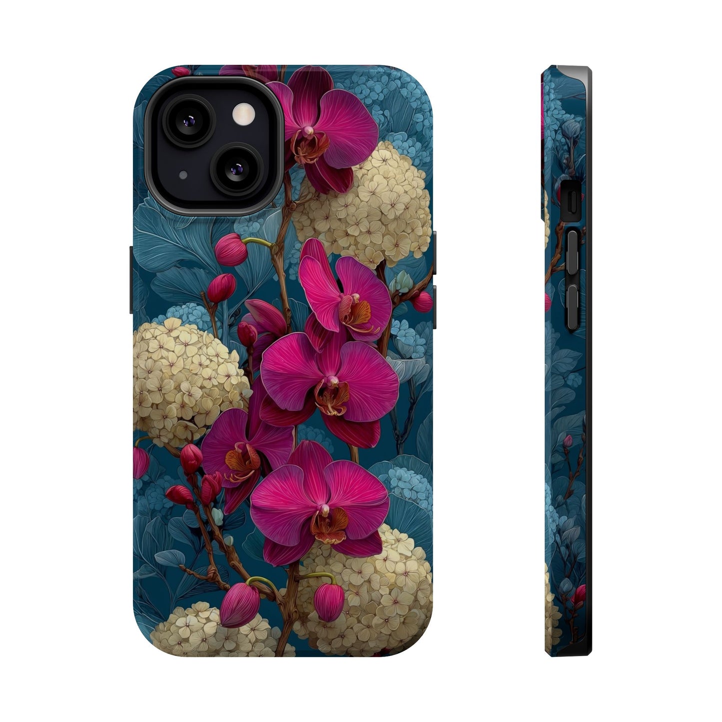 Phone case with pink orchid design on a blue background