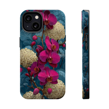 Phone case with pink orchid design on a blue background