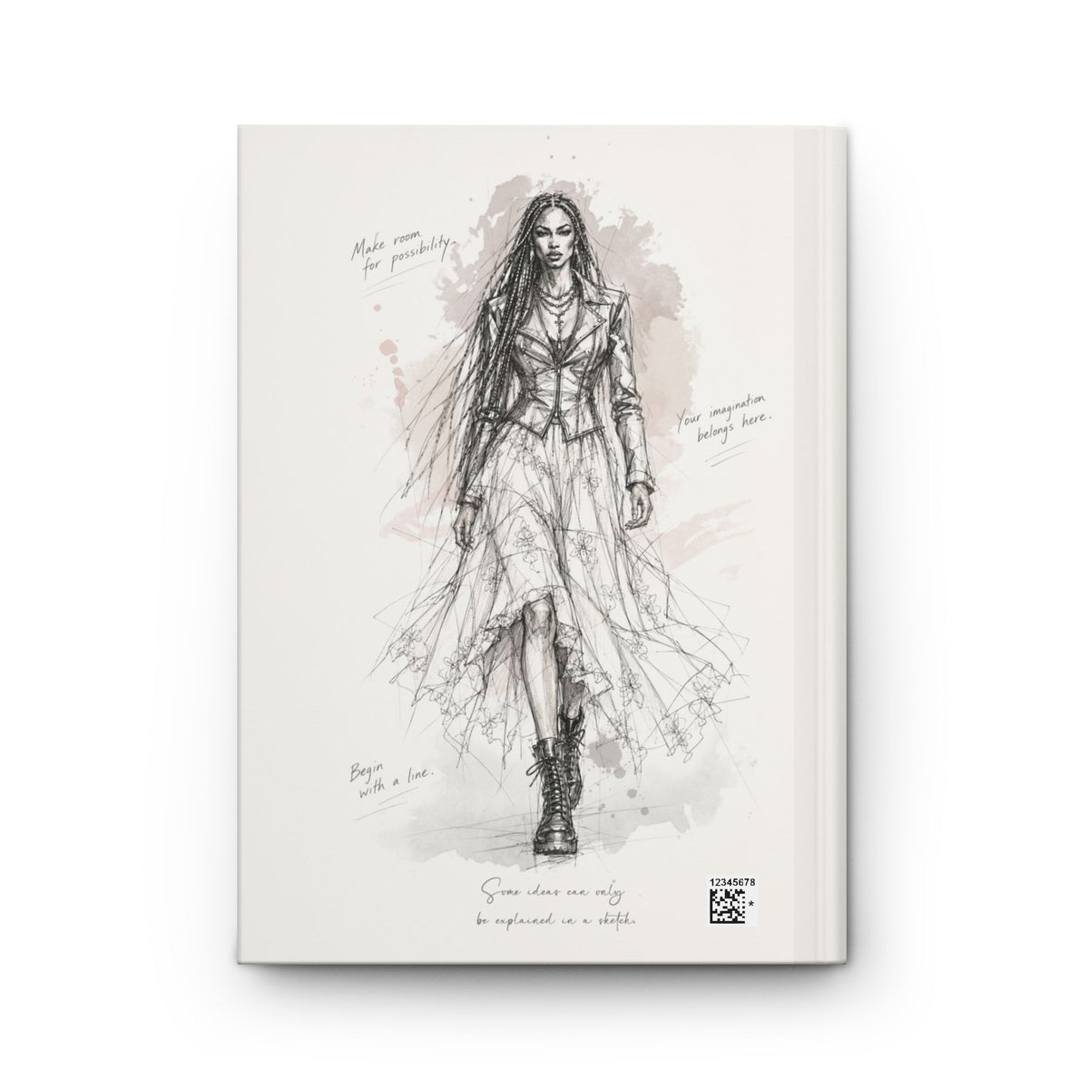 A hardcover sketchbook featuring a detailed fashion illustration of a woman in a long dress and boots, with handwritten notes and a small QR code on the cover, shown against a plain white background.