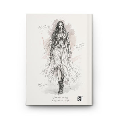 A hardcover sketchbook featuring a detailed fashion illustration of a woman in a long dress and boots, with handwritten notes and a small QR code on the cover, shown against a plain white background.
