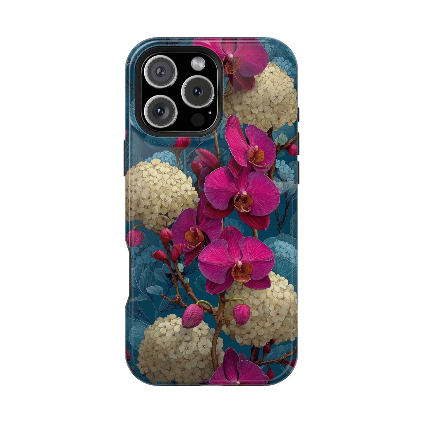Phone case with pink orchids and spherical flowers on a blue background