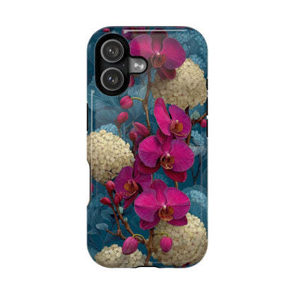 Phone case with pink orchid design on a blue background
