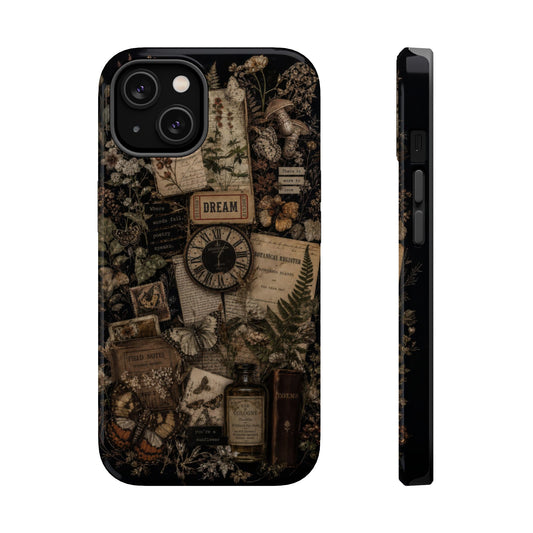 Phone case with vintage-style design featuring nature elements and text on a dark background