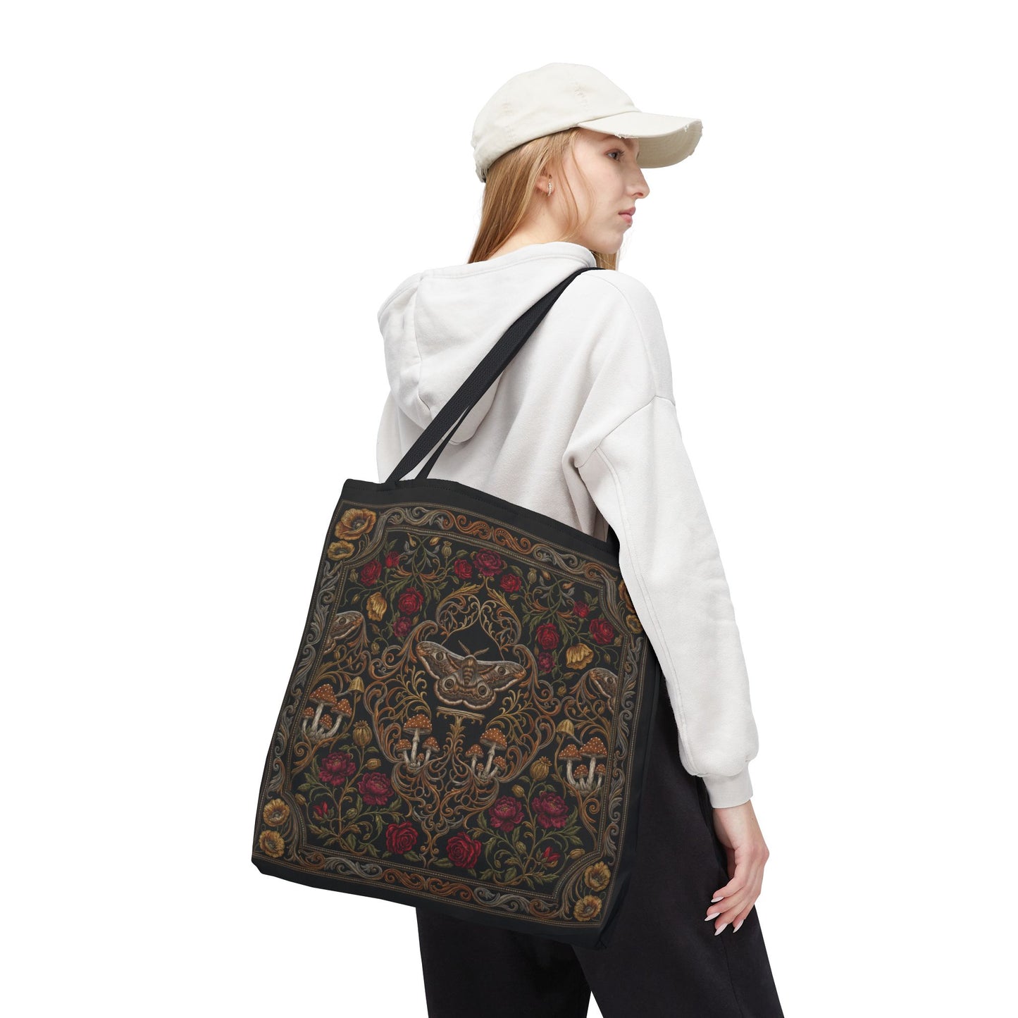 Gothic Rose Tote Bag – Vintage Floral Filigree Print | Black