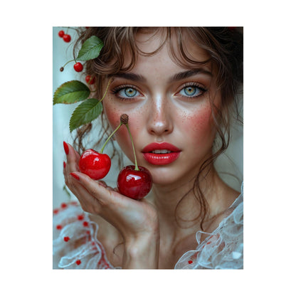 Artistic Satin Poster Print: Young Woman Holding Cherries - LucyKay store