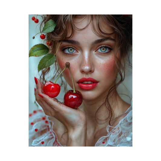 Artistic Satin Poster Print: Young Woman Holding Cherries - LucyKay store