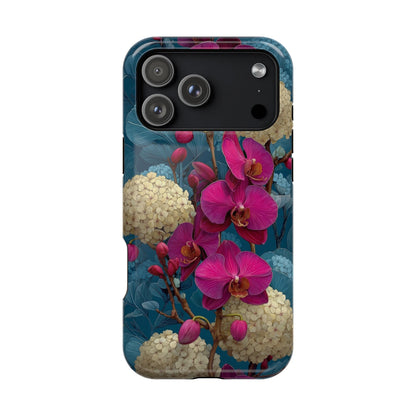 Phone case with pink orchids and blue background