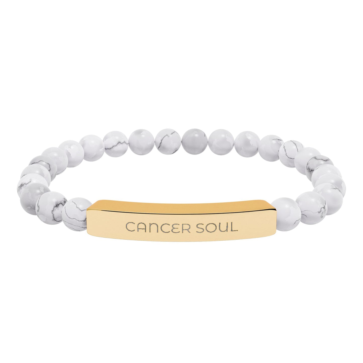 Bracelet with white beads and gold tag reading 'Lovely Leitrim' on a white background