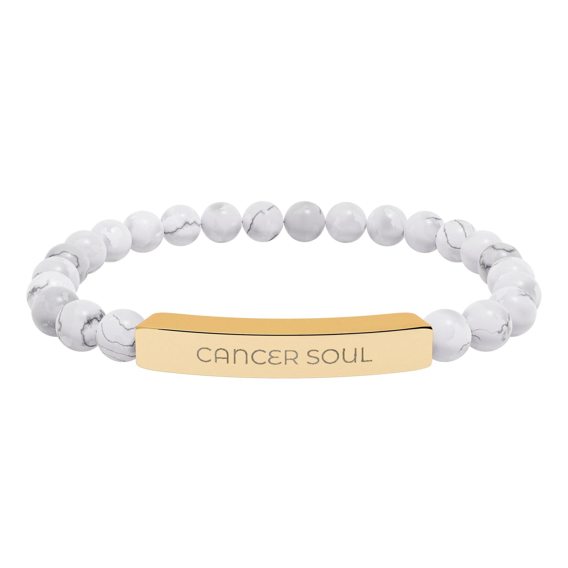 Bracelet with white beads and gold tag reading 'Lovely Leitrim' on a white background