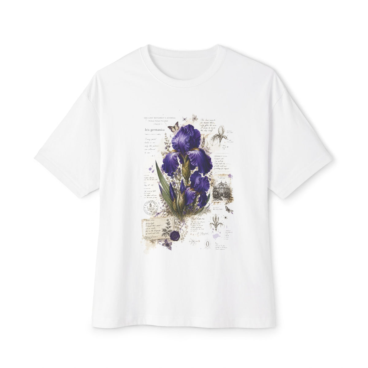 A white short-sleeve crewneck t-shirt featuring a vintage-style botanical print of purple irises, green leaves, and antique-style script on the front, displayed against a solid white background.