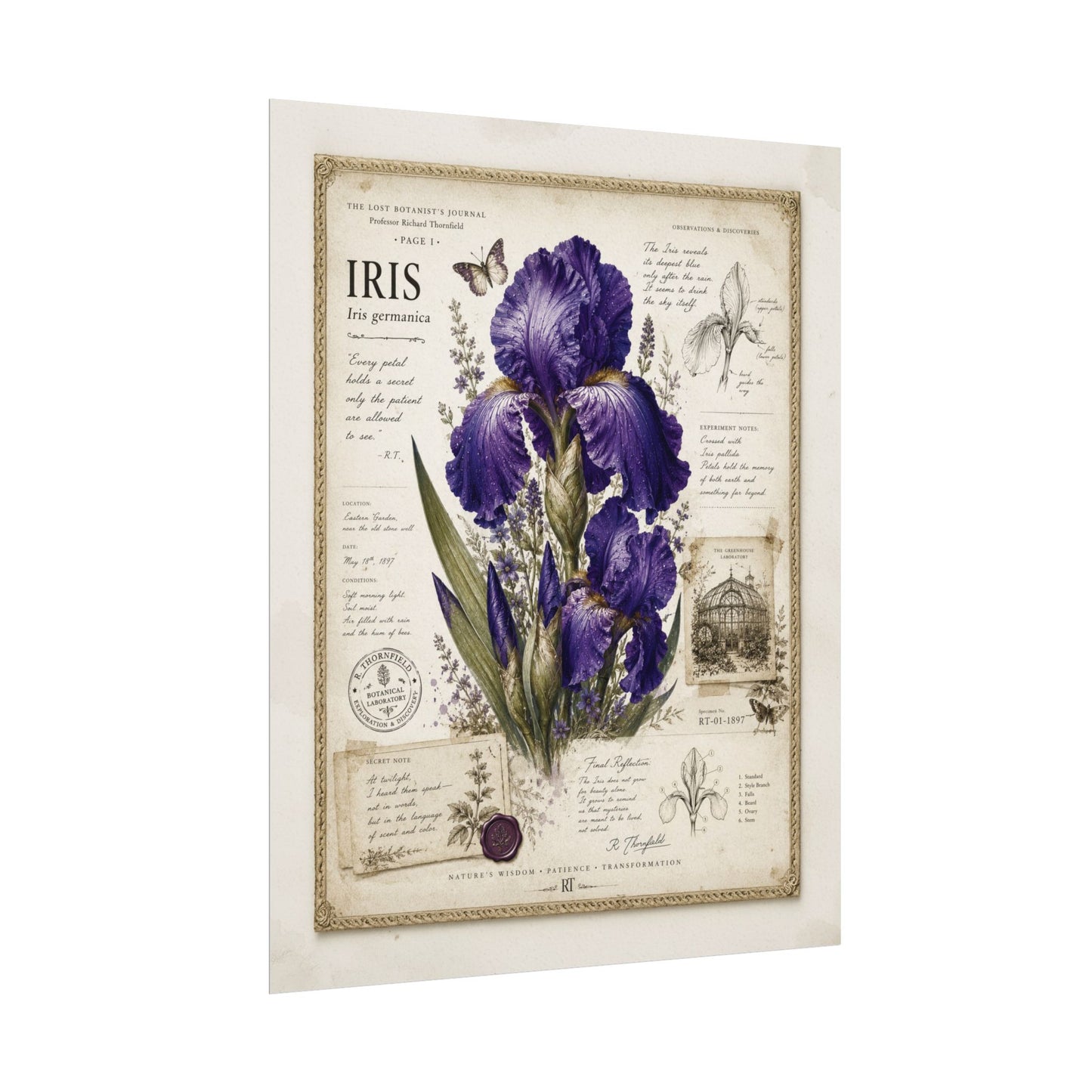 Purple Iris Botanical Illustration Poster | Vintage Floral Wall Art Print on Watercolor Paper