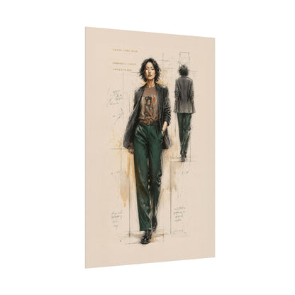 Fashion illustration of a person wearing a jacket and pants on a beige background with technical drawings.