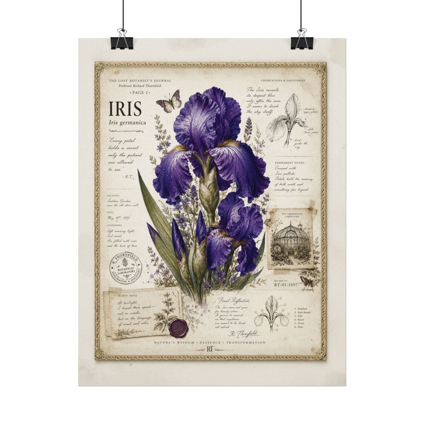 A vintage-style botanical art print of purple irises with detailed illustrations, text, and a decorative border, shown hanging against a white wall with two black clips.