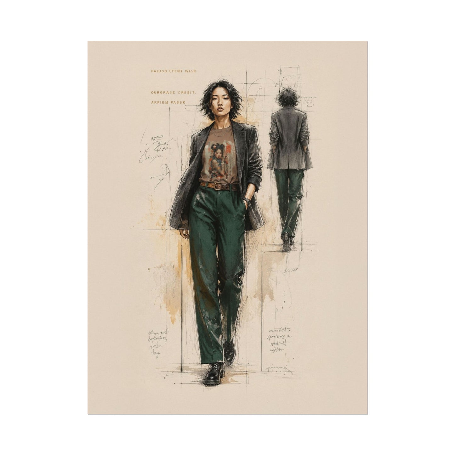 Illustration of a person wearing a jacket and green pants on a beige background