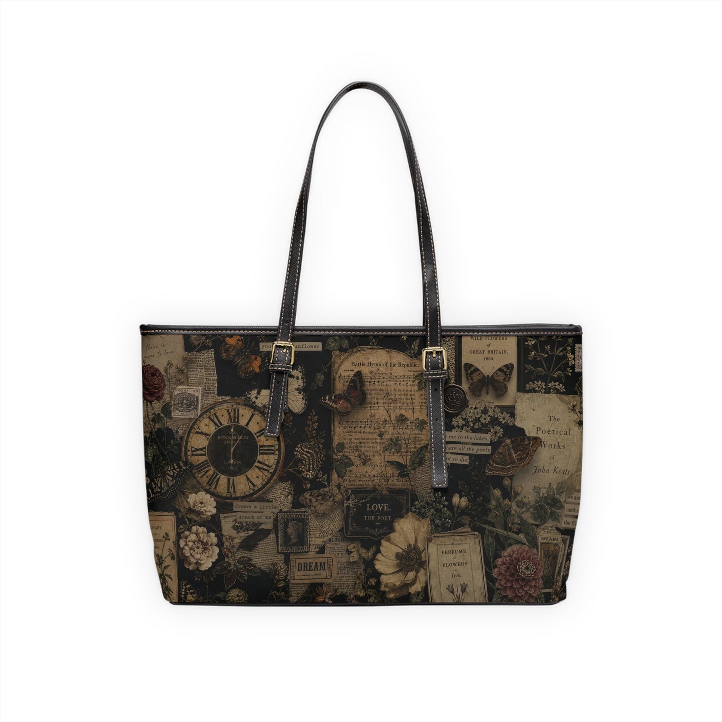 Tote bag with vintage design featuring a clock and floral patterns on a white background