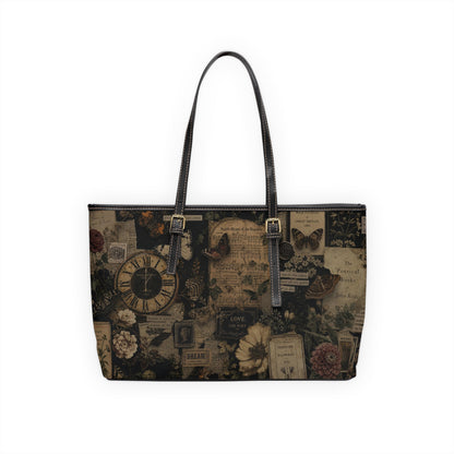Tote bag with vintage design featuring a clock and floral patterns on a white background