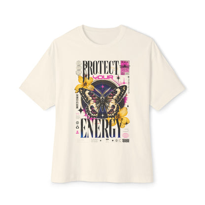 Beige t-shirt with butterfly graphic and text on a white background
