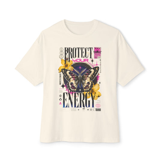 Beige t-shirt with butterfly graphic and text on a white background
