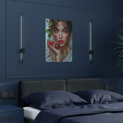 Artistic Satin Poster Print: Young Woman Holding Cherries - LucyKay store