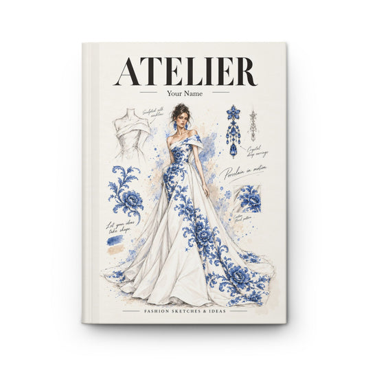 Hardcover journal with blue floral bridal gown illustration and fashion sketches
