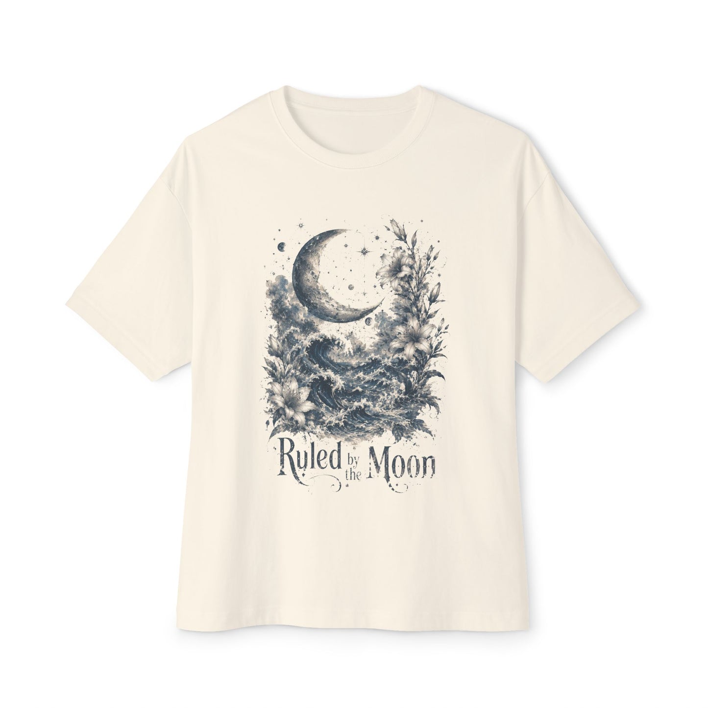 Beige t-shirt with moon and floral design on a white background
