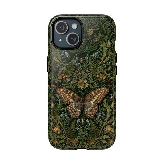 Phone case with butterfly and floral design on a green background