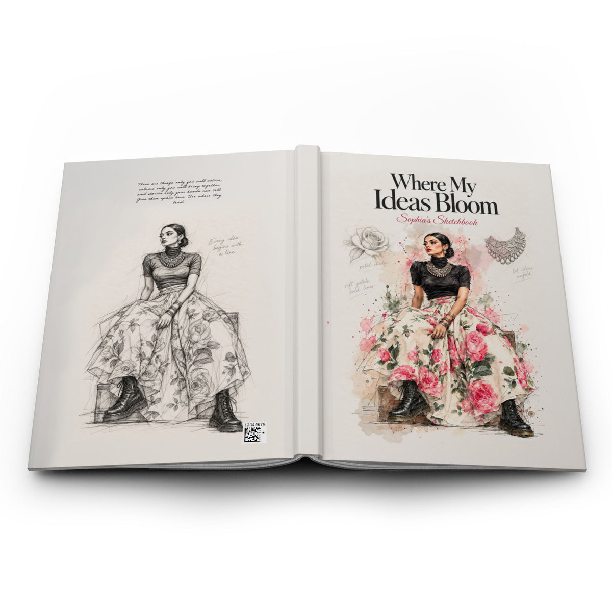 Hardcover Journal — "Where My Ideas Bloom" Floral Fashion Sketch Notebook