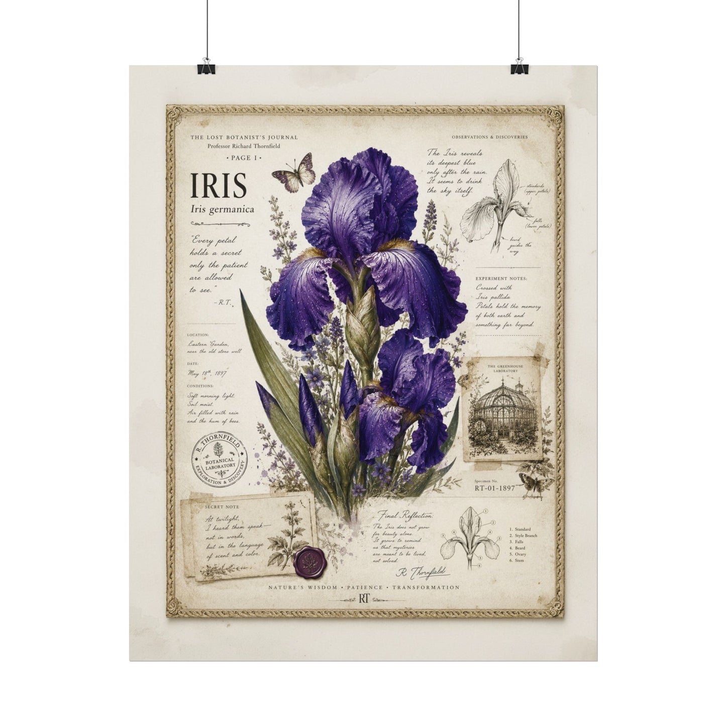 Purple Iris Botanical Illustration Poster | Vintage Floral Wall Art Print on Watercolor Paper