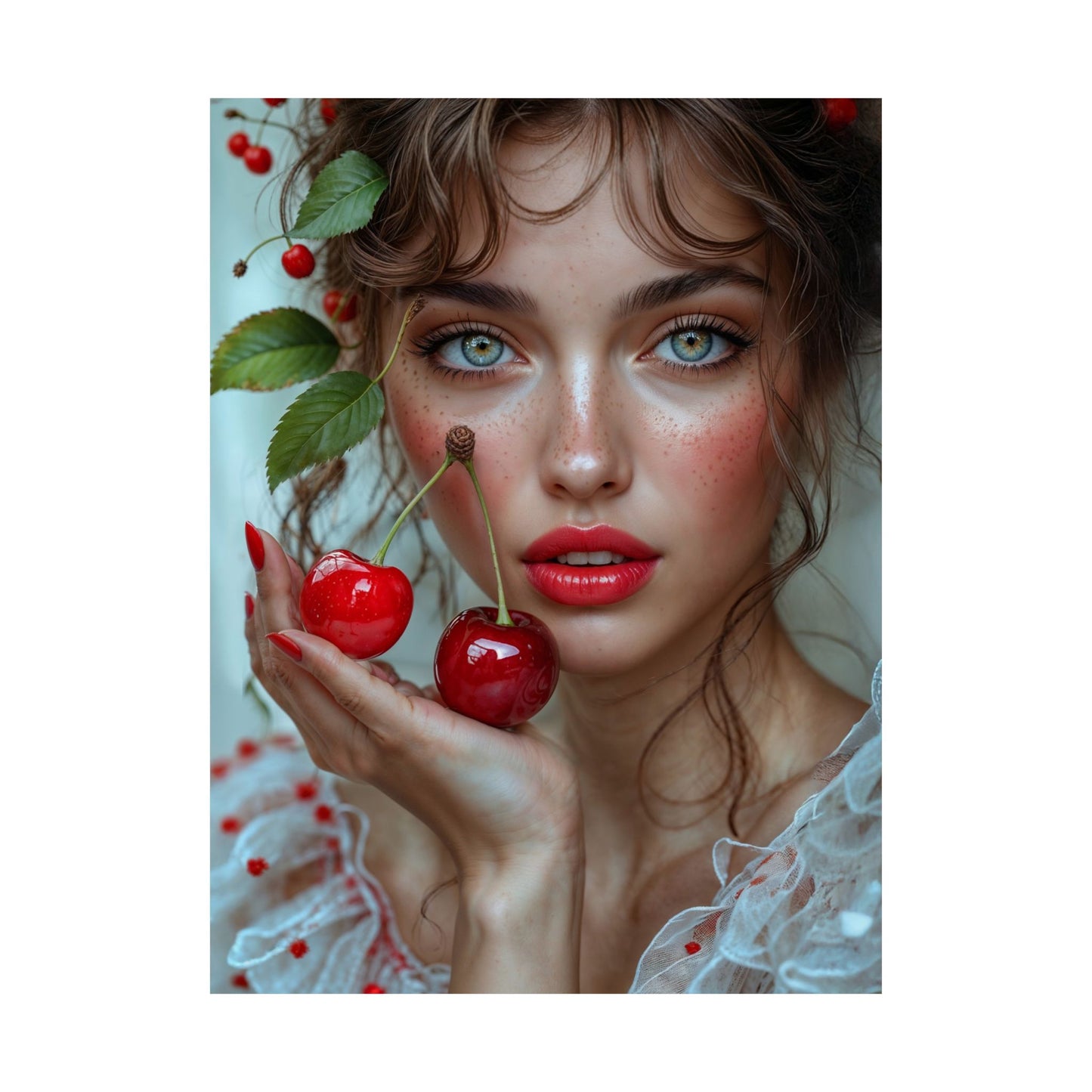Artistic Satin Poster Print: Young Woman Holding Cherries - LucyKay store