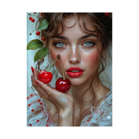 Artistic Satin Poster Print: Young Woman Holding Cherries - LucyKay store