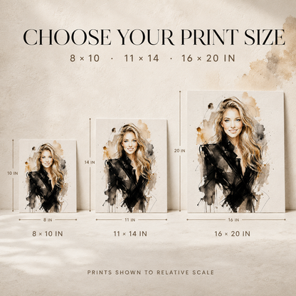 Custom Watercolor Fashion Portrait from Photo, Personalized Physical Poster with Digital Coloring Page, Unique Gift for Her