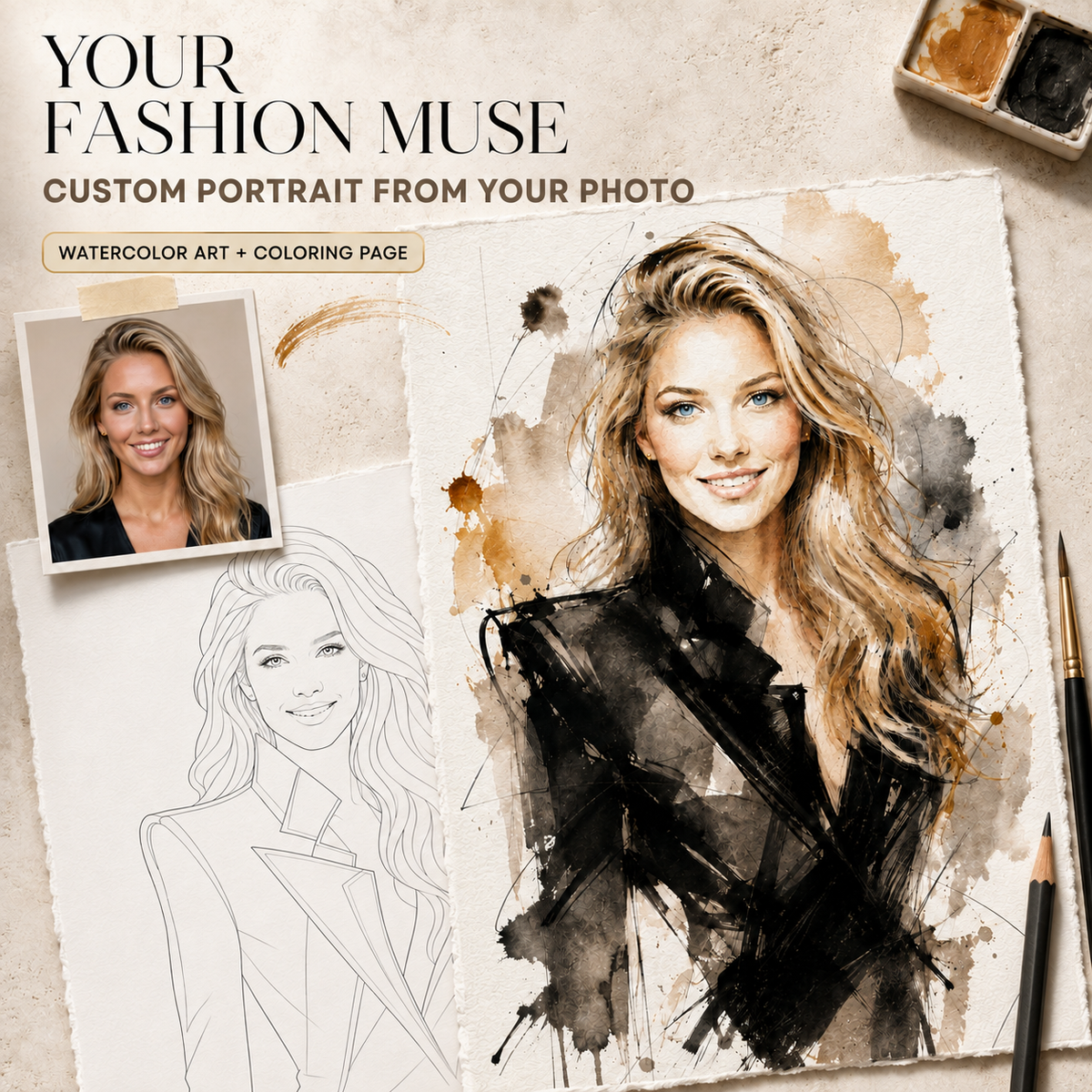 Custom Watercolor Fashion Portrait from Photo, Personalized Physical Poster with Digital Coloring Page, Unique Gift for Her