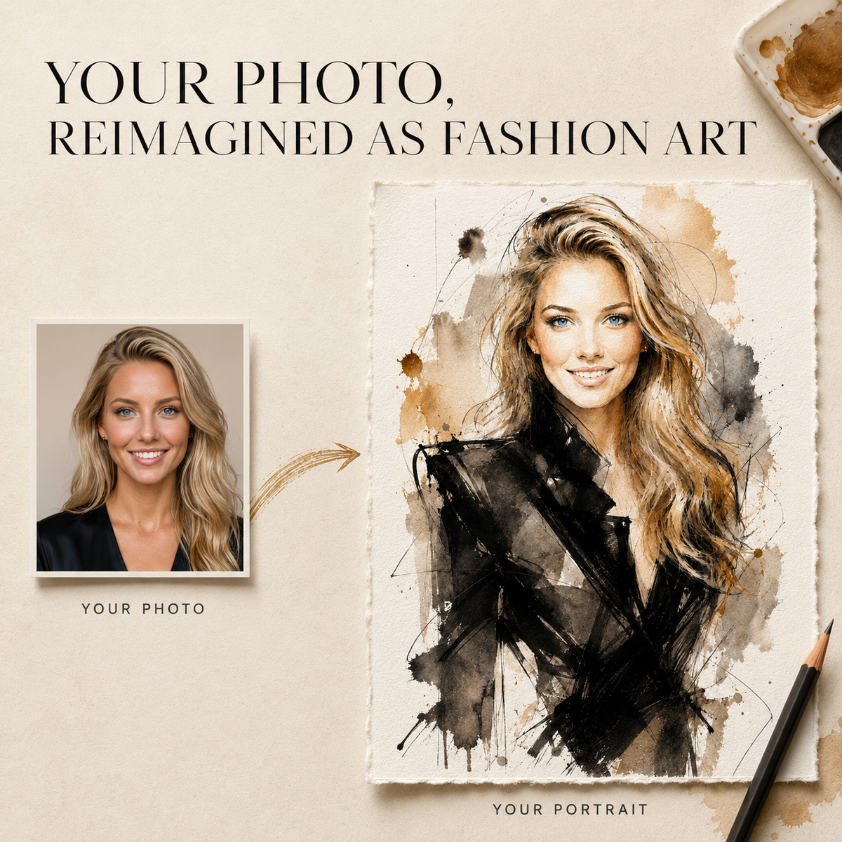 Custom Watercolor Fashion Portrait from Photo, Personalized Physical Poster with Digital Coloring Page, Unique Gift for Her