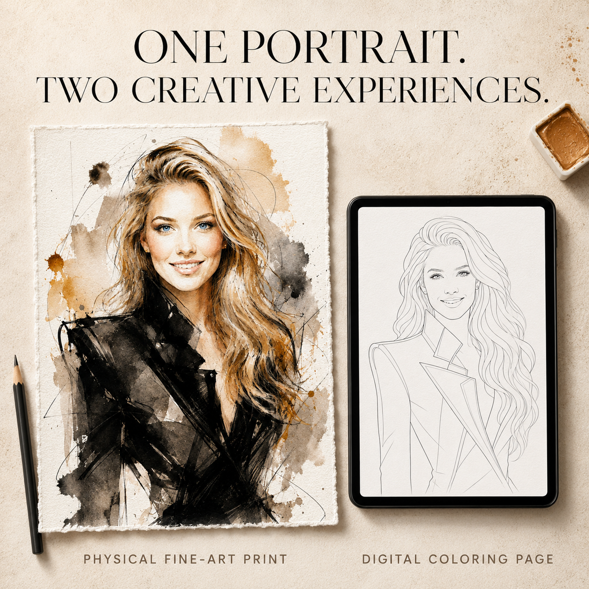 Custom Watercolor Fashion Portrait from Photo, Personalized Physical Poster with Digital Coloring Page, Unique Gift for Her